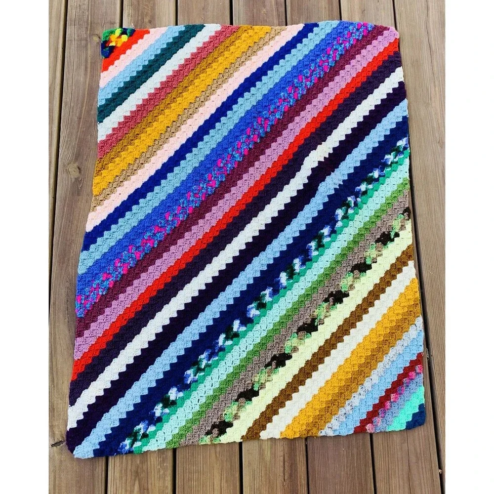 Vintage Crocheted Afghan Granny Lap Blanket Multi Colorful 30”x40”. EUC